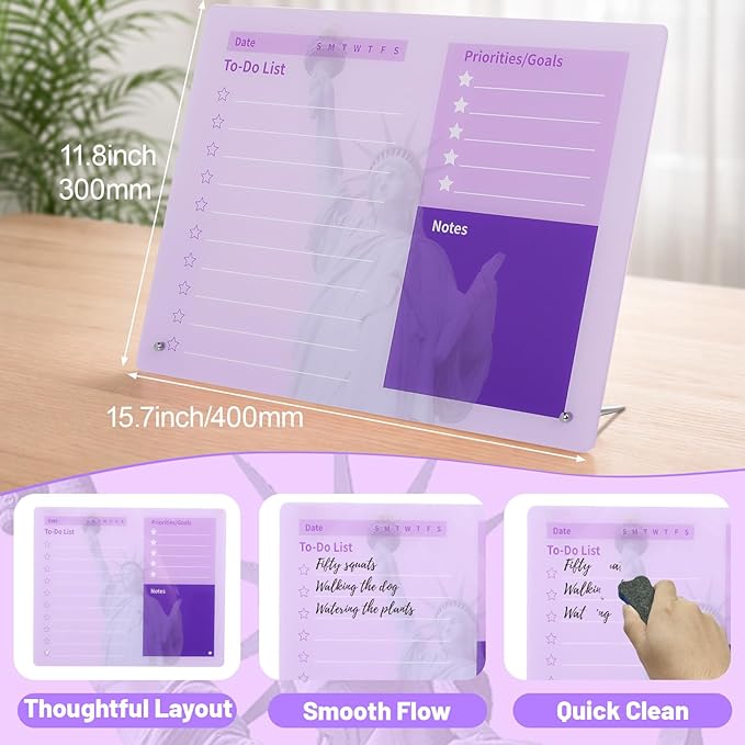 LeMotech Desktop Acrylic Dry Erase Board, 15.7x11.8 inches to-Do List Planner, Tabletop Whiteboard with Stand Office Supplies Includes 2 Markers & 1 Eraser, Purple Statue of Liberty Pattern, 1 Pack