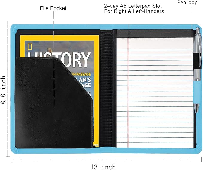Padfolio/Portfolio Binder, Mini Padfolio Portfolio Binder 5 x 8 Legal Writing Pad, A5 Document Organizer Folder for Men Women, Light Blue