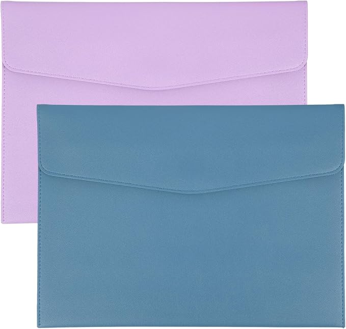 PATIKIL 2Pcs PU Leather A4 File Folder, Document Holder Envelope Waterproof Napa Texture Filing Organizer Portfolio Folder Case with Magnetic Snap for Home Office, Purple, Light Blue