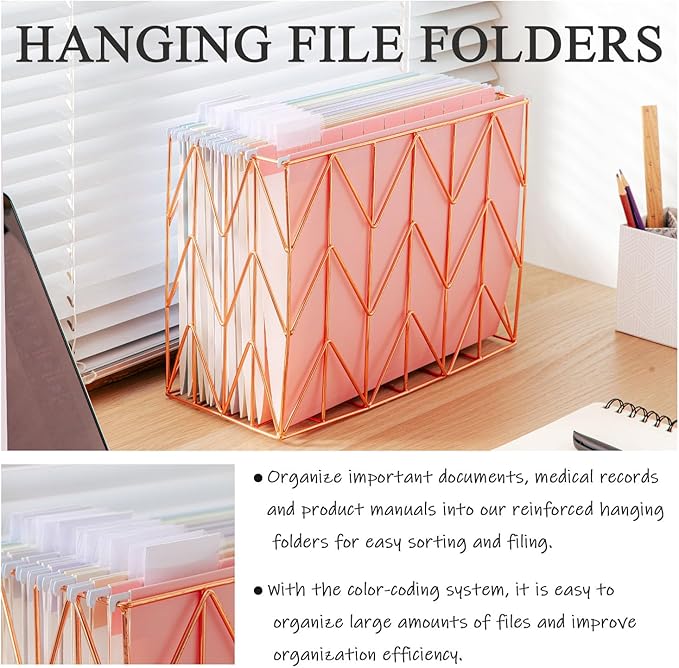 48 Pack Hanging File Folders Letter Size with 1/5 Cut Adjustable Tabs File Folder for Filing Cabinet Reinforced Hanging Folders Design for Home School Office, Macaroon Design
