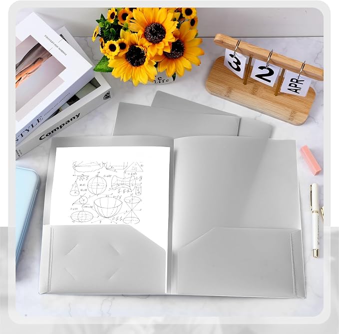 Gueevin 100 Pack Plastic Folder with Pockets, 2 Pocket Folders, Plastic Glossy Folders Fit Letter Size Paper, Heavy Duty Durable File Folder with Business Card for Home Office School (Gray)
