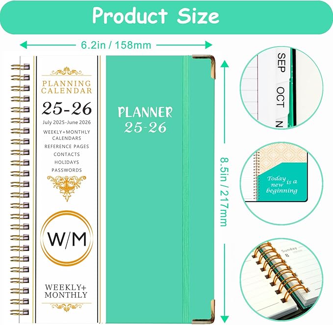 Daily Planner 2025-2026, Monthly and Weekly Calendar Planner with Tabs, July 2025 - Jun 2026, Inner Pocket, 6.2" x 8.5" A5 Size, Perfect for Office Home School Supplies, Spiral Bound, Aquamarine ﻿ ﻿