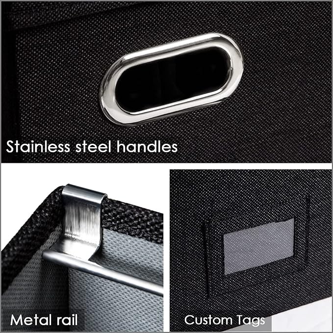 PRANDOM File Organizer Box - Set of 4 Collapsible Decorative Linen Filing Storage Hanging File Folders with Lids Office Cabinet Letter Size Black (14x9.3x10.8 inch)