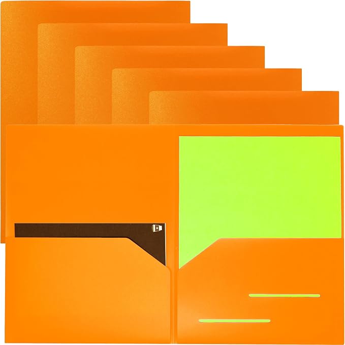 Youngever 6 Pack Heavy Duty Plastic Two Pocket Folders, Heavy Duty Plastic 2 Pocket Folder (Orange)