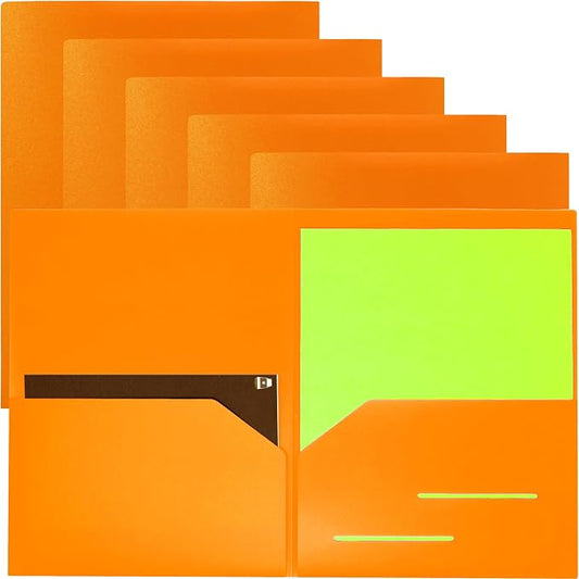 Youngever 6 Pack Heavy Duty Plastic Two Pocket Folders, Heavy Duty Plastic 2 Pocket Folder (Orange)
