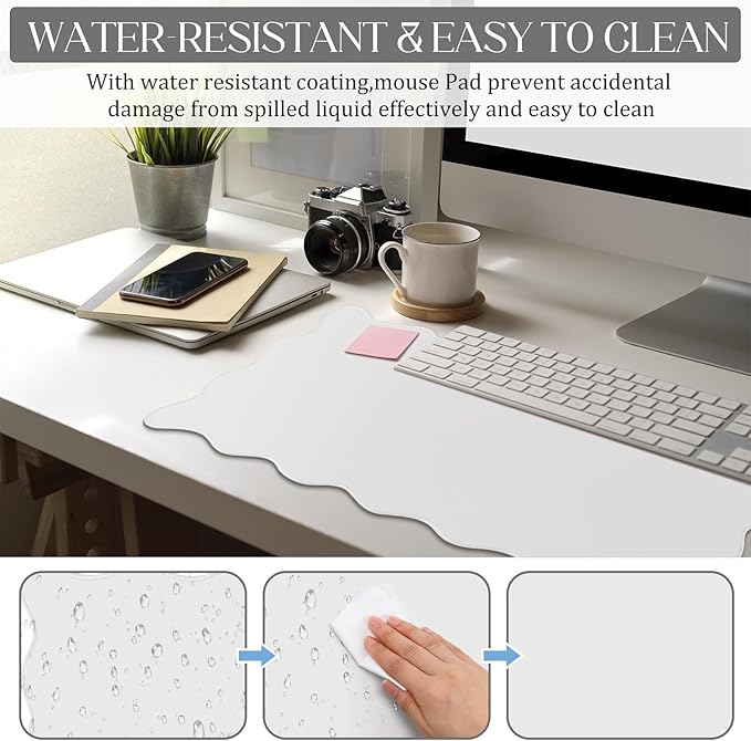 Hahafelt Scalloped Desk Mat Large Desk Pad Cute Coquette Table Mat Back to School Preppy Table Make up Pad Nonslip Graduation Gift with Stitching Waterproof Gaming(White,31.5 x 15.8 Inches)