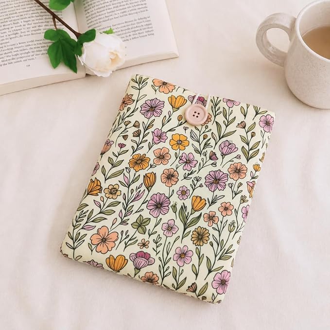 Floral Book Sleeve - Elegant Book Cover with Wooden Button, Cotton Padded Protector for Paperbacks & Hardcovers, Ideal for Book Lovers, Durable Design (Soft Florals, Large)