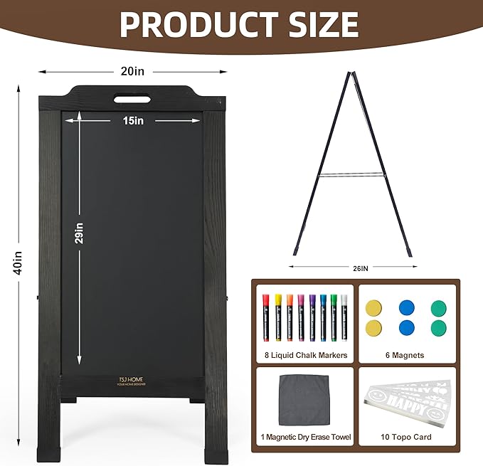 Magnetic Portable A-Frame Chalkboard Signs, 40" x 20" Large Wood Sandwich Board Signs Outdoor, Double-Sided Sidewalk Standing Chalk Board for Business, Wedding, Vendor Display, Coffee Shope - Black