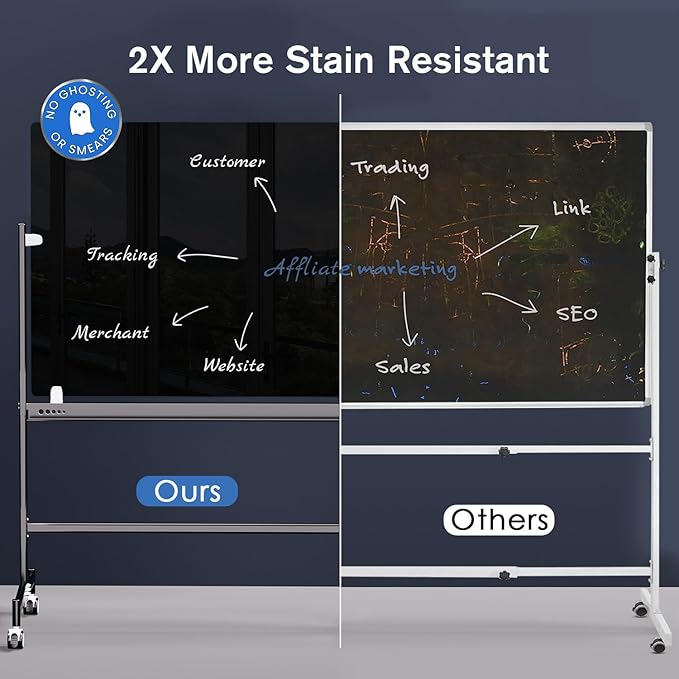 Mobile Black Magnetic Glass Board on Wheels 60x40 - Rolling Black Glass Whiteboard Height Adjust Portable Easel, Movable Tempered Glass Dry Erase Board, ZHIDIAN Large Blackboard with Stand