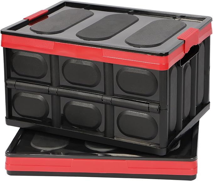 Phyllia 28L-Black Plastic Storage Crates, Pack of 2 Collapsible Plastic Crates Bins Basket, Stackable Storage Boxes Container with Lid for Car Home Office Kitchen Clothes Shoes