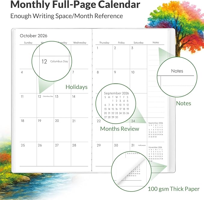 Phyxin Pocket Calendar 2025-2027, Two Year Pocket Planner - Runs From Jul 2025 Until Dec 2027, Small Size Planner - 6.7" x 3.7", Small Calendar for Easy Organizing, Tree