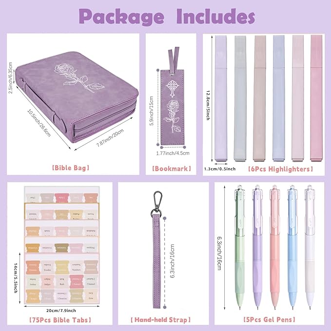 CITYCHASE Elegant Rose Design Bible Cover Case with Bible Study Supplies Highlighters Pens Bookmark Leather Bible Cover Case for Women Gift for Christians (Purple Pro)
