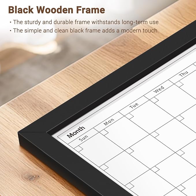 Dry Erase Calendar Whiteboard for Wall, 36x24 Inches Monthly White Board with White Wooden Frame, Hanging Magnetic Wall Calendar Board for Home Office School Kitchen Dorm