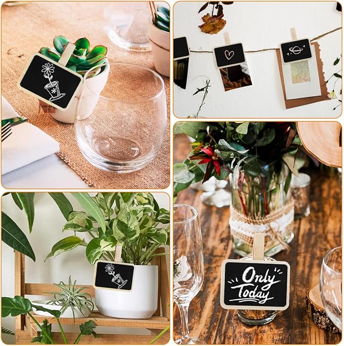 Housoutil Mini Chalkboard Signs with Clips 20 Pieces Wooden Food Labels and Photo Clips for Party Buffet Wedding Table Cards Reusable Memo and Note Taking Boards 3.07X2.75X0.59In