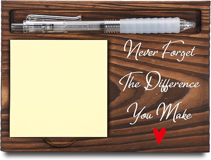 Appreciation Gifts for Coworker, Thank You Gifts, Never Forget The Difference You Make Sticky Note Holder, Post-it Note Dispenser for Desk, Wooden Post-it Note & Pen Holder 6.5" x 4.7" - FTA115
