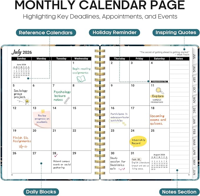 Planner 2026–2027, Weekly & Monthly Academic Organizer for School Year, Jul 2026–Jun 2027, Hardcover Planner with Tabs, Back to School Essential, 6.3" x 8.5", Golden Dusk