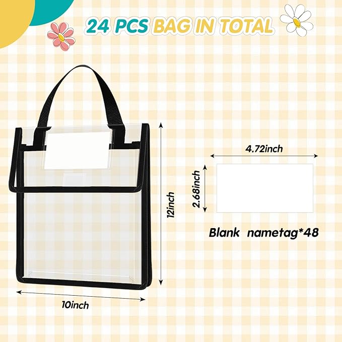 Teling 24 Pack Thick Clear Book Pouches with Blank Name Tags and Handles Book Baggies Bags Bins Organizer for School Classroom Library Pockets Students (10 x 12 Inch,Black)