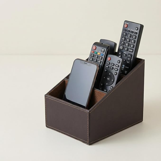 I-MART PU Leather Remote Control Holder Organizer with 3 Compartments, Stylish TV Remote Holder Caddy for Desk Nightstand Coffee Table and Media Accessory Storage (Brown)