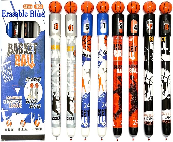 Pack 8 Funny Spin Basketball Rollerball Pens, Erasable Gel Pen Blue Ink 0.5mm, Rotatable Sports Pen, Slam Dunk Design for Boys School Office, Basketball Fans, Clubs,