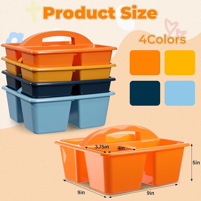 Kathfly 4 Pack Classroom Caddy Organizer with Handle, Plastic Art Craft Cleaning Caddy Bulk, Small Multipurpose Supply Organization Storage Basket for Table Desk Office Pencil Teacher (Blue Orange)