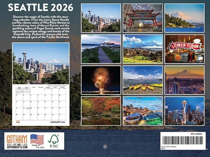 Seattle Calendar 2026 Wall 12 Month Monthly WA Scenic Souvenirs Themed Gifts | American Made In The USA