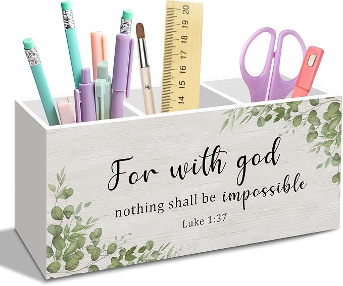Luke 1:37 Pen Pencil Holder for Desk, For with God Nothing Shall Be Impossible Office Desk Accessories Decor, Sage Green Christian Motivational Pen Holders Organizer for Farmhouse Home