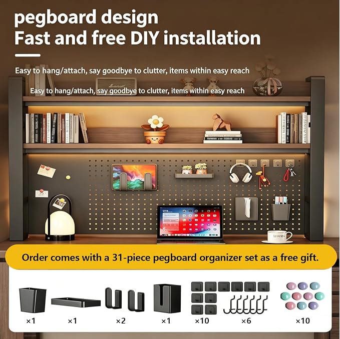 Desk Shelf Organizer with Pegboard & Storage Parts, 45kg Heavy Duty Desk Hutch, Desktop Storage Rack for Office & Home Office Shelves Black Shelf/Walnut Board (2-Tier) 29.5×10×26"