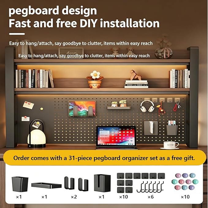 Desk Shelf Organizer with Pegboard & Storage Parts, 45kg Heavy Duty Desk Hutch, Desktop Storage Rack for Office & Home Office Shelves White Shelf/Whiteboard (4-Tier) 53.2×10×48.5"