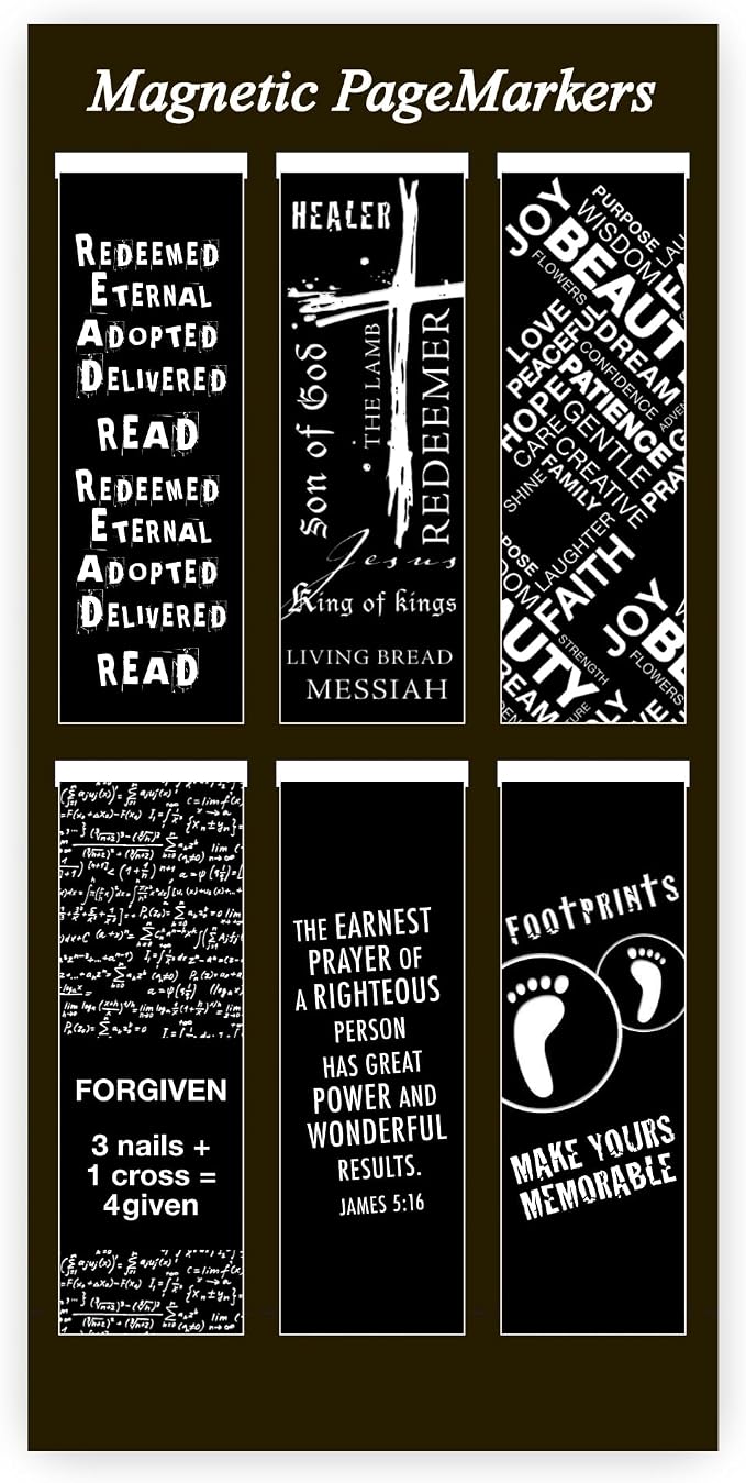 Christian Art Gifts Magnetic Scripture Bookmark Set for Men & Women with Black and White Gospel Salvation - Inspirational Magnetic Bible Verse Pagemarker Set of 6 for Bibles and Books Size 2.3” x 0.8”