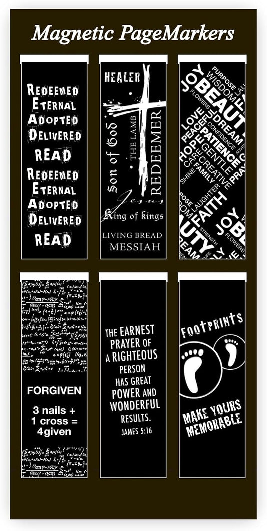 Christian Art Gifts Magnetic Scripture Bookmark Set for Men & Women with Black and White Gospel Salvation - Inspirational Magnetic Bible Verse Pagemarker Set of 6 for Bibles and Books Size 2.3” x 0.8”