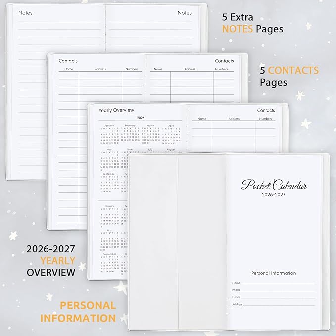 Pocket Calendar 2026-2027, Purse Monthly Planner, Runs from January 2026 Until December 2027, 3.7" x 6.7", Pocket Calendar with Star PVC Cover for Office
