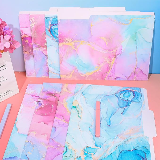 Whaline 24 Pack Marble File Folders Letter Size Pink Blue Marble Decorative File Pockets with 1/3 Cut Tab for Home Office Classroom Supplies, 8.9 x 11.6 Inch