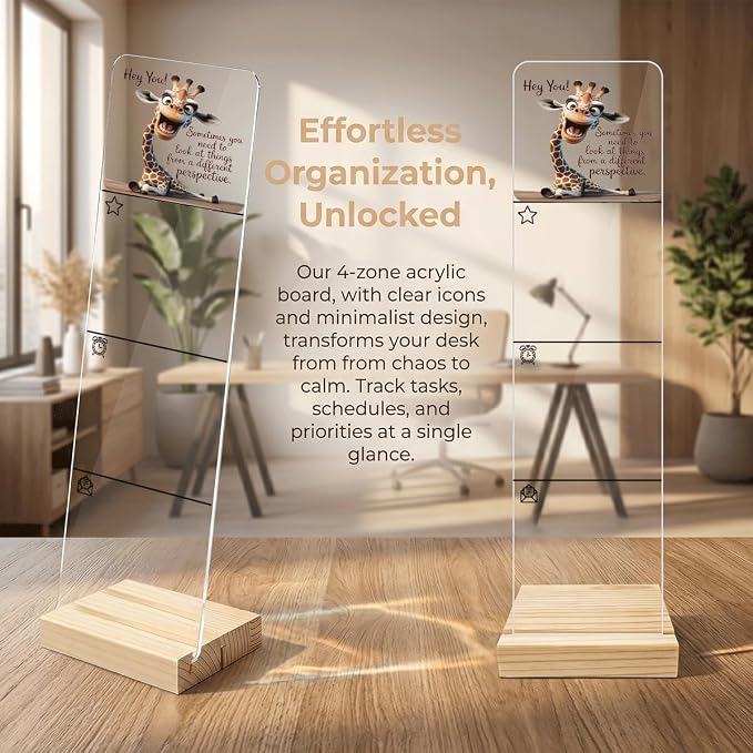 Sticky Notes Monitor Memo Board Acrylic Holder with Removable Wooden Base, Different Perspective Logo Desk Set with 200 Sheets Two Sizes Sticky Notes, Office Desk Accessories Organizer