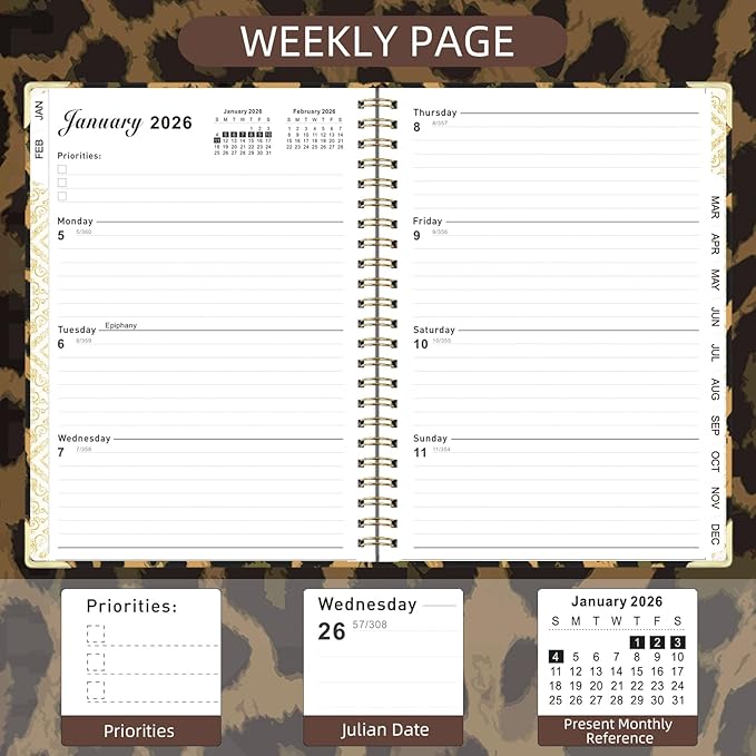 2026 Planner, Jan.2026 - Dec.2026 Planner Weekly and Monthly 6.25"x8.5" with with Page Tabs, Calendar Hardcover with Inner Pocket, Elastic Band, Twin-Wire Binding, Bookmark, Brown Leopard