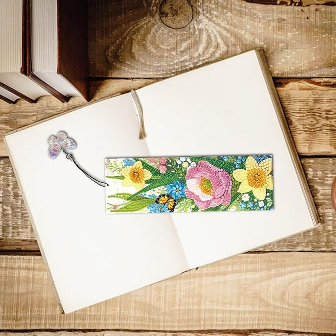 ARTopet 4Pcs DIY Diamond Art Painting Bookmarks with Colorful Butterfly Pendant PET Bookmark Ornament Double Sided Pattern Single Sided Diamond Book Marker Clip Gifts Tags-Flowers01