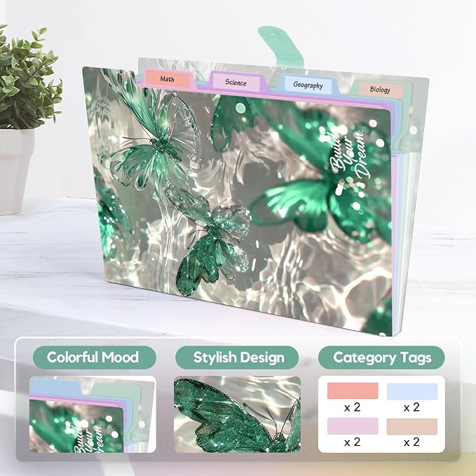 Cute Expanding File Folder - 5 Pockets Accordion Document Organizer, Waterproof Poly Plastic, A4/Letter Size for School Office Home - Butterfly Green