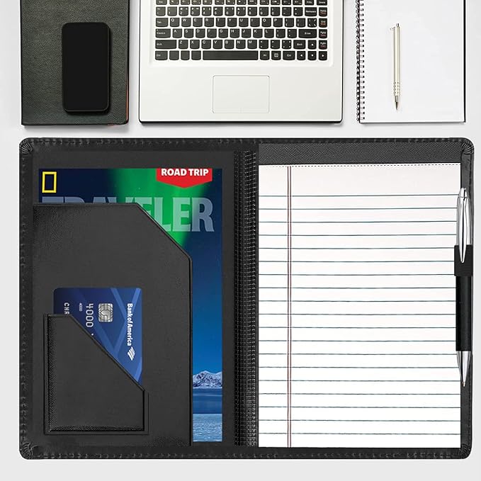 Junior Padfolio Folder - A5 Portfolio Binder Case with 5 x 8 Writing Pad and Interior Storage Pocket Executive Business Organizer for Men Women, Black