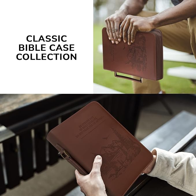 DEHITE Bible Cover Case for Men – Bible Carrying Case for Men – Brown Large Holder – Bag Fits Book 10.1 x 7 x 1.9 in – Pen Slots – Zippered Pocket – Premium Faux Leather – Christian Gift