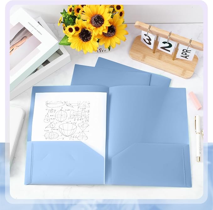 Gueevin 100 Pack Plastic Folder with Pockets, 2 Pocket Folders, Plastic Glossy Folders Fit Letter Size Paper, Heavy Duty Durable File Folder with Business Card for Home Office School (Haze Blue)