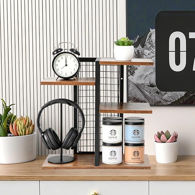 4-Tier Desktop Shelf Organizer, Desk Bookshelf with Wood Shelves and Metal Frame, Space-Saving Tabletop Storage Rack for Books, Decor and Office Supplies, for Home Office or Dorm
