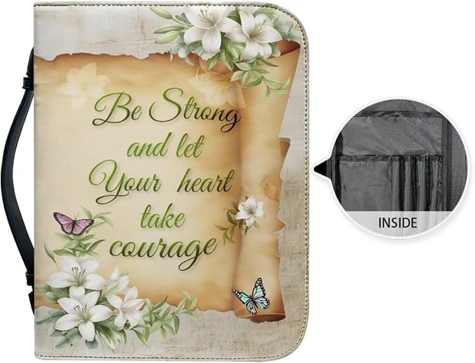 Vintage Lily and Cross Bible Case with Bookmark Waterproof Bible Cover Case for Women Lightweight Bible Bag with Handle Pockets Church Book Bag Beige