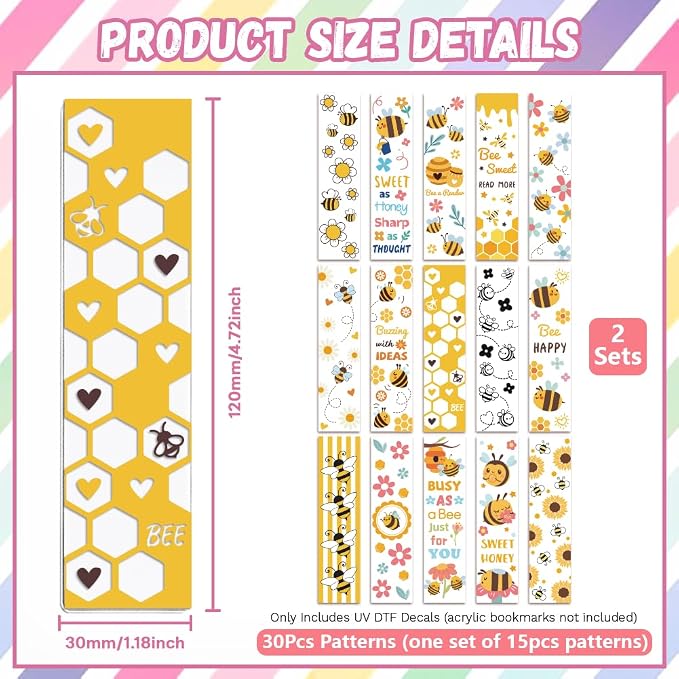 Peacoblue 30pcs UV DTF Bookmarks Transfer Stickers Wraps Bee and Flowers for Women Men Reading, Waterproof Bookmarkers Decal(No Blank Bookmarks) for Acrylic Plastic Metal Blank Bookmark