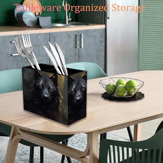 Pen Holder and Anti-Slip Mouse Pad Combination, Makeup Brush Storage Box, Tableware Storage Box, Suitable for Office and Home - Black Wolf