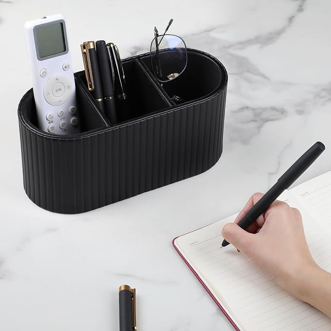 Oval Pen Holder for Desk, Remote Control Holder with 3 Compartments, PU Leather Small Desk Organizer Remote Caddy, Aesthetic Pencil Holder Desk Accessories for Home Office (Black)