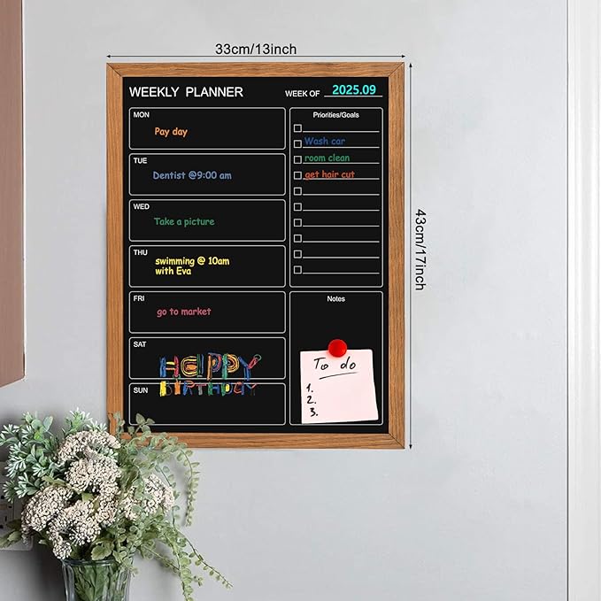 Calendar Weekly Chalkboard, 13" * 17", Magnetic Surface Rustic Brown Solid Pine Wood Frame Black Board for Office, School and Home(ZLHB-QZ-3343)