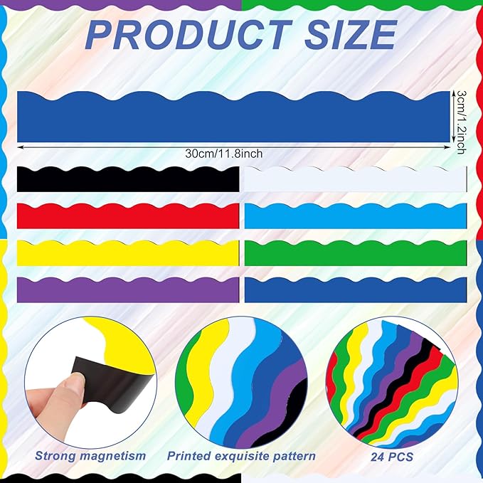 Qeeenar 24 Pcs Magnetic Borders for Classroom Bulletin Board Borders Magnetic Whiteboard Classroom Strips for Office Chalkboard Decoration(Primary Color)