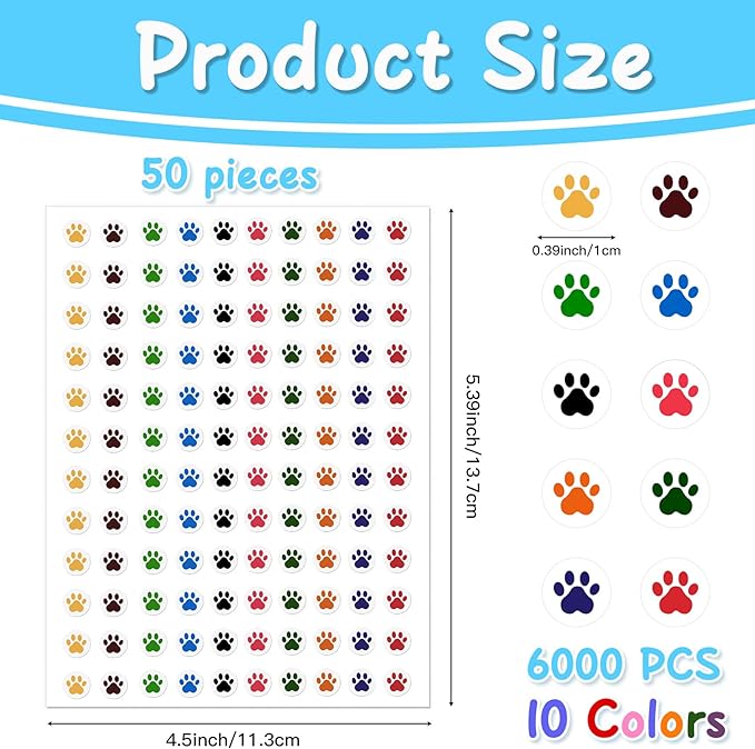 6000 Pieces Paw Print Stickers, Puppy Paw Prints Stickers, Round Dog Paws Print Decals Colorful Mini Incentive Reward Sticker for Kids, Behavior Chart Sticker for Students Teachers Classroom Supplies