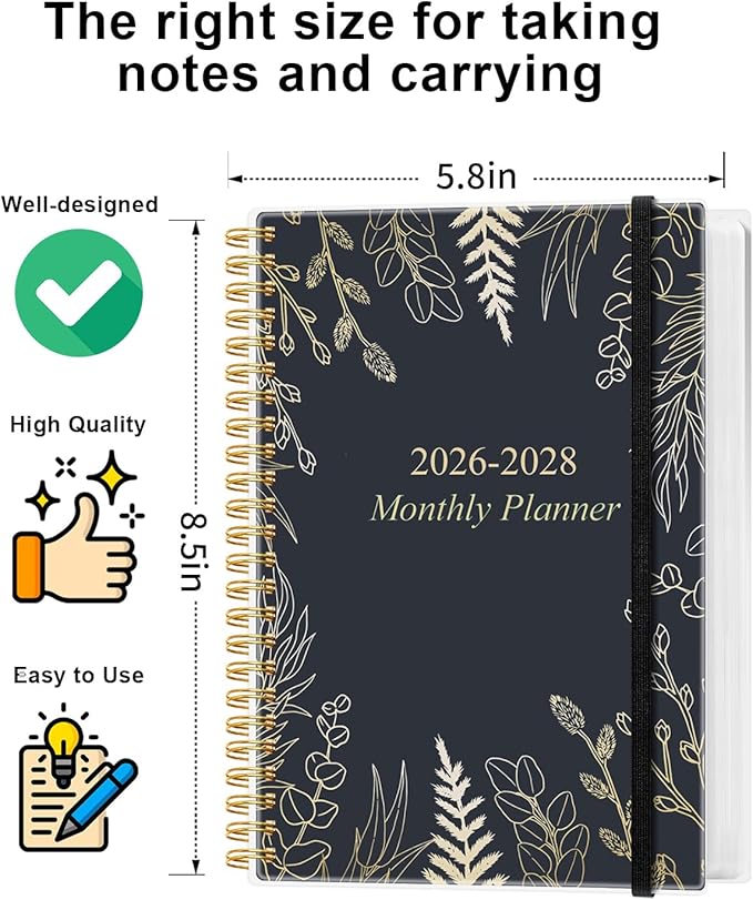 2026-2028 Monthly Planner, 3 Years Calendar from April 2026 - December 2028 with Spiral Binding, Inner Pocket, Elastic Closure, 33 Month Planner for Home | School | Office, 5.8" x 8.5", White Gold Leaf