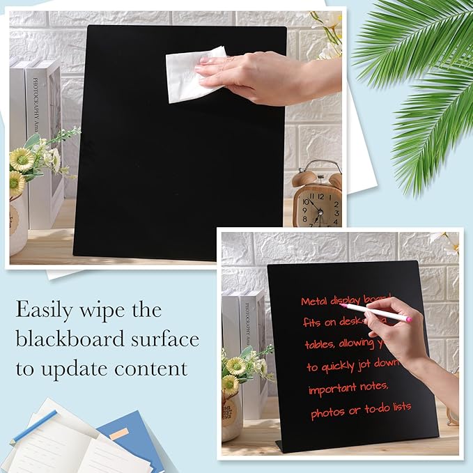 Fainne 2 Pcs Magnetic Bulletin Board with Easel Stand Mini Black Magnet Metal Tabletop Memo Display Board for Back to School Menu Table Office Supplies (12.6 x 11 Inches)