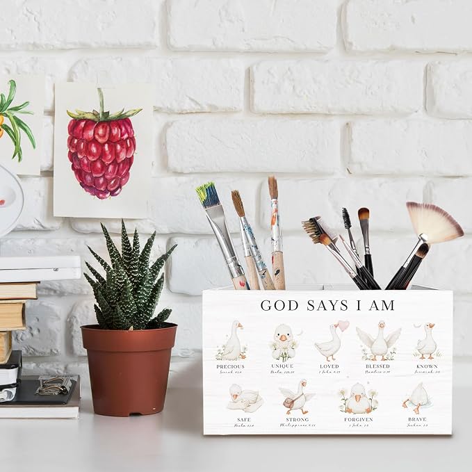 Inspirational Christian Goose Pen Holder for Desk, God Says I Am Bible Verse Pencil Organizer, Cute Goose Religious Wooden Box Sign Desk Decor for Nursery Home Office Decoration